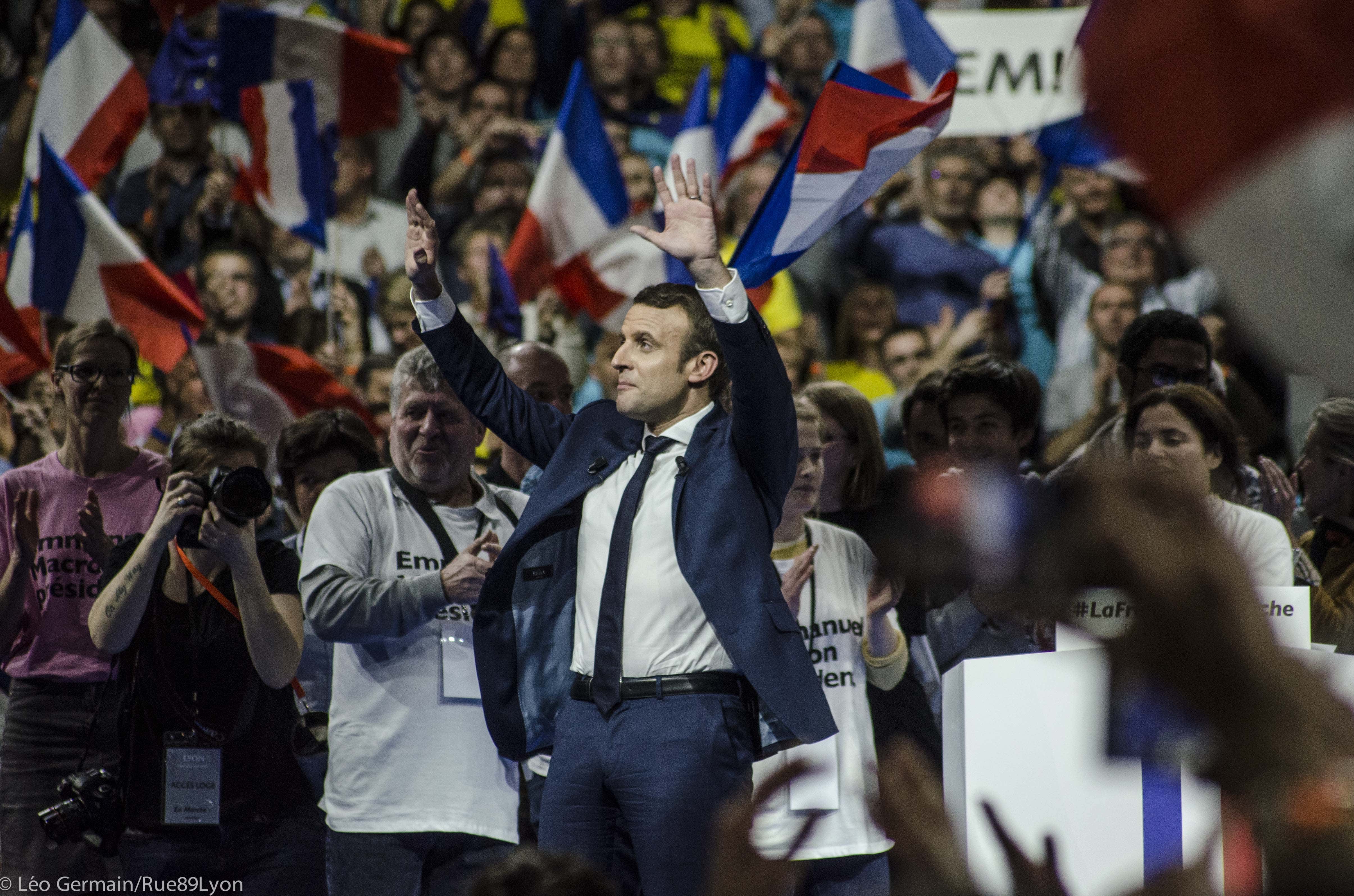 Emmanuel Macron lors de son meeting à Lyon le 4 février au palais des sports. ©Léo Germain/Rue89Lyon