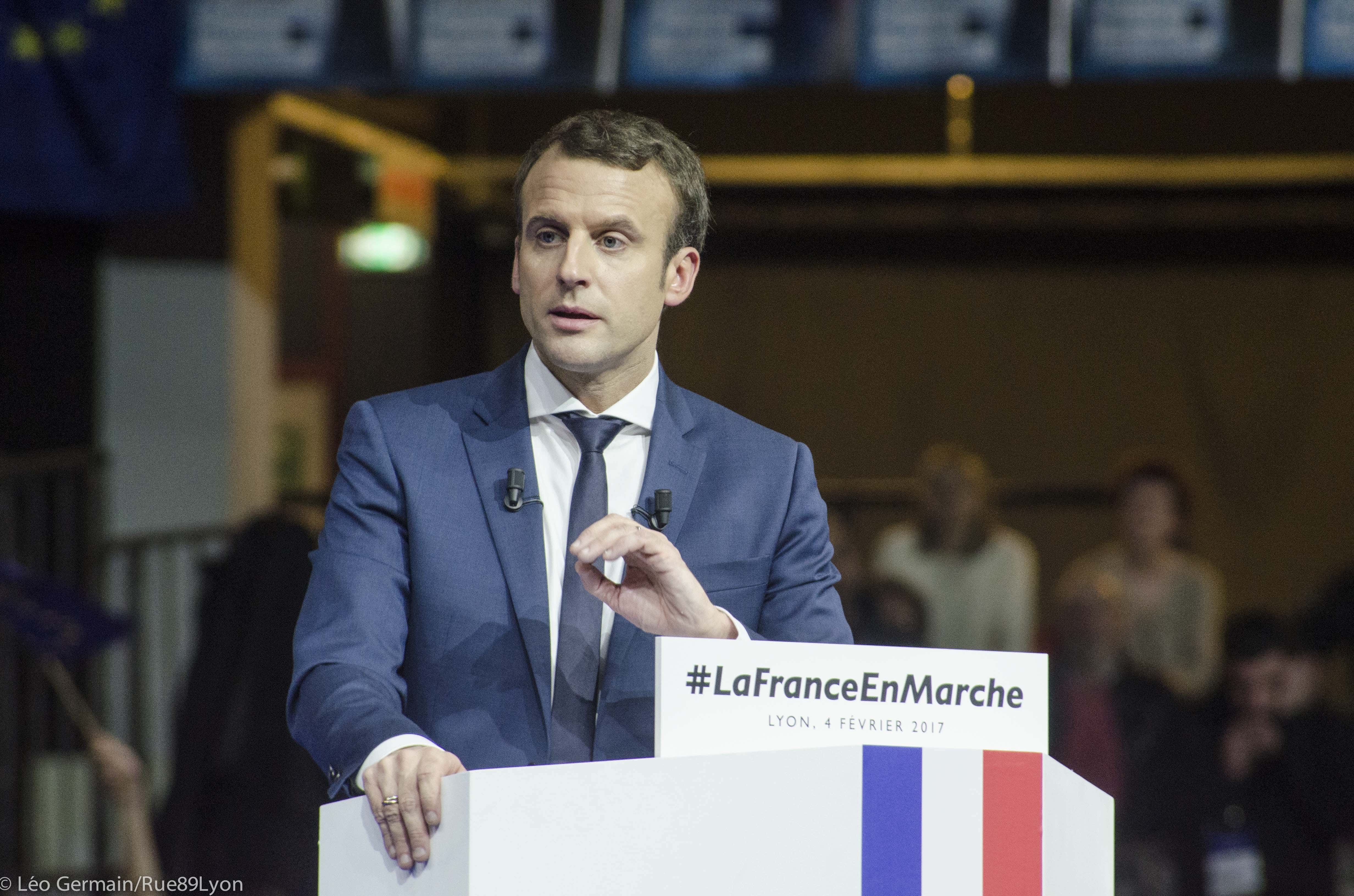 Emmanuel Macron lors de son meeting à Lyon le 4 février au palais des sports. ©Léo Germain/Rue89Lyon