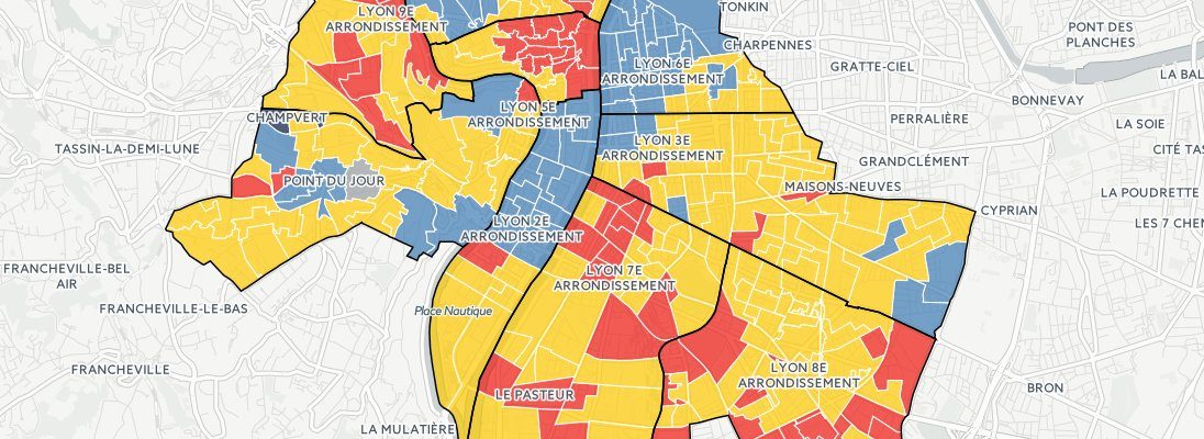 Capture de la carte du candidat arrivé en tête au premier tour de la présidentielle par bureaux de vote à Lyon