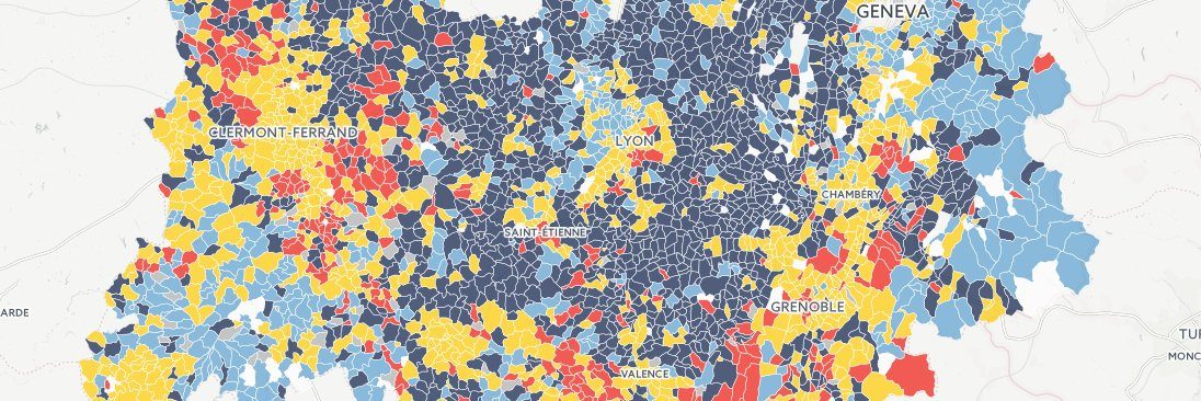 Capture de la carte des candidats arrivés en tête dans les communes d'Auvergne-Rhône-Alpes