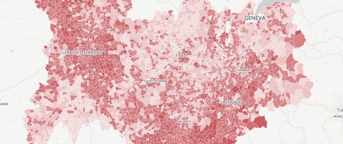 Capture de la carte du vote en faveur de Jean-Luc Mélenchon au premier tour de l'élection présidentielle 2017 en Auvergne-Rhône-Alpes