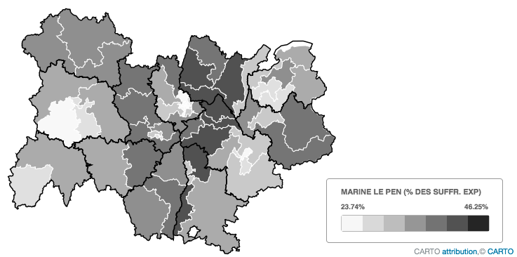Carte vote FN par circonscriptions en Auvergne RHône Alpes