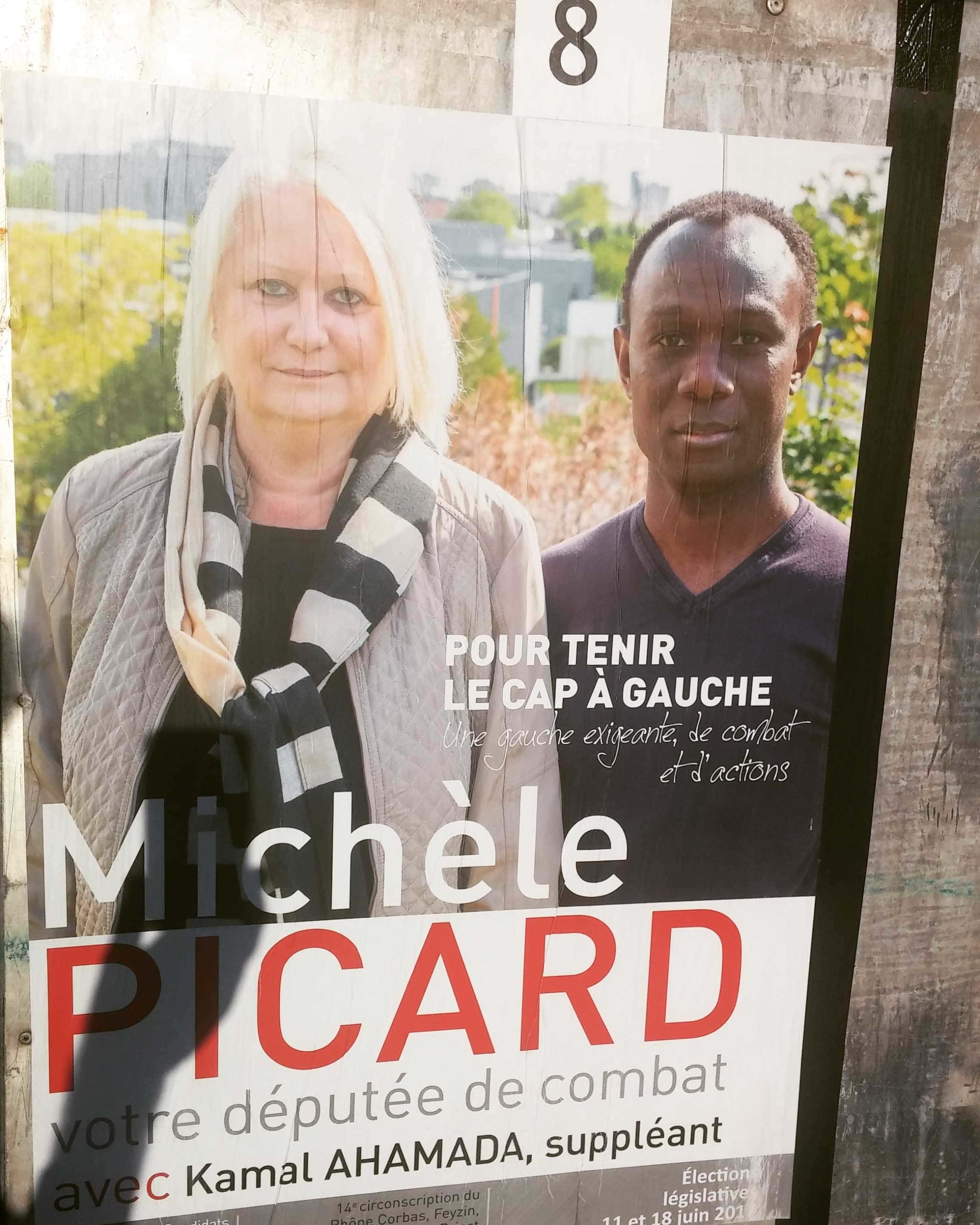 Affiche de campagne à Vénissieux de la candidate Michèle Picard pour le Parti communiste français. Photo BE/Rue89Lyon