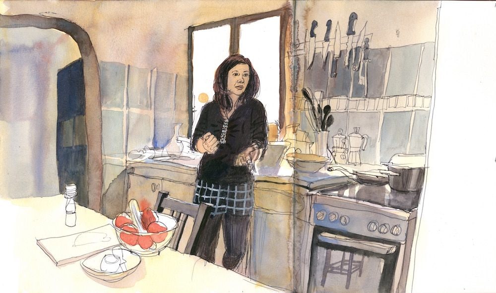 Sadia, cuisinière afghane croqué par Emmanuel Prost. Extrait de "Femmes d'ici, cuisines d'ailleurs".