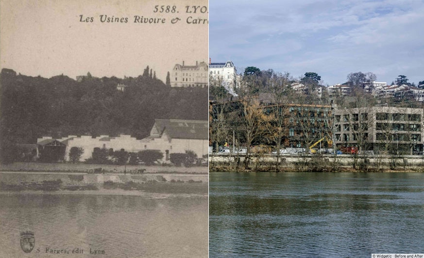 Montage photo avant/après de l'usine Rivoire et Carret dans le quartier de Vaise à Lyon. Rue89Lyon