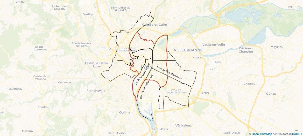 Périmètre de "l'hyper-centre" défini par la Métropole de Lyon pour encadrer la location via Airbnb. Capture d'écran