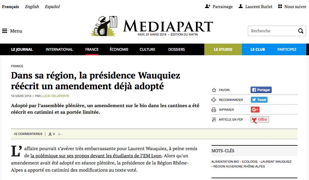 Article de Médiapart sur un amendement réécrit par la présidence Wauquiez sur le bio. Capture d'écran