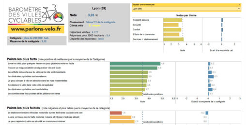 Le détail des notes pour la commune de Lyon dans le palmarès des villes cyclables de la FUB. Capture