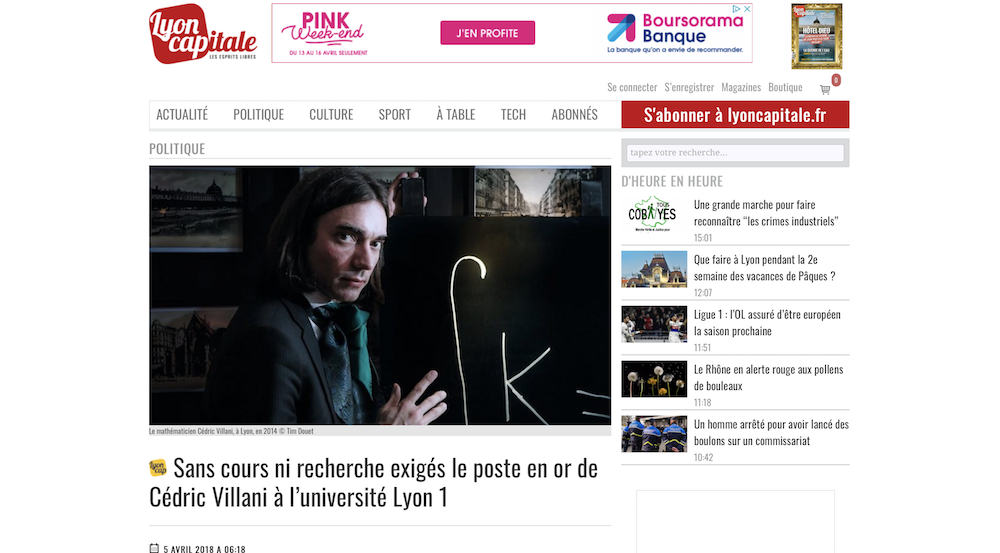 Capture d'écran de l'article "Le poste en or de Cédric Villani à l'université Lyon 1".