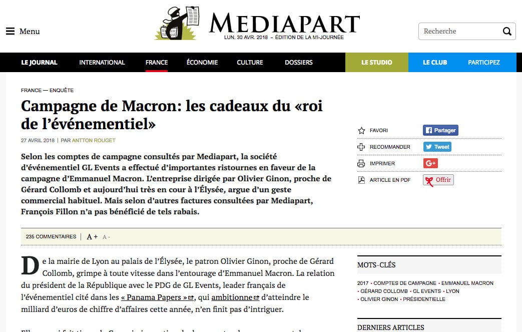 Les cadeaux de GL Events au candidat Macron. Capture d'écran Médiapart