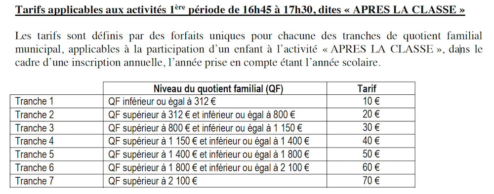 Tarification du temps "Après la classe"