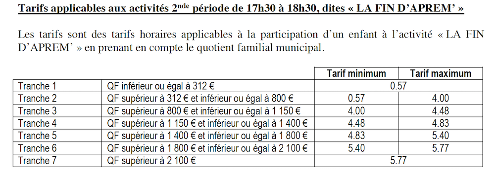 Tarification du temps dit "la fin d'aprem"