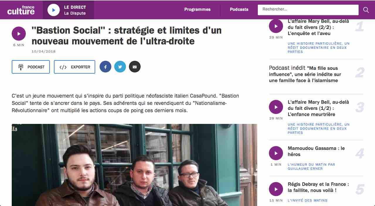 France Culture traite le sujet du Bastion Social et de l'extrême droite à Lyon. Capture d'écran