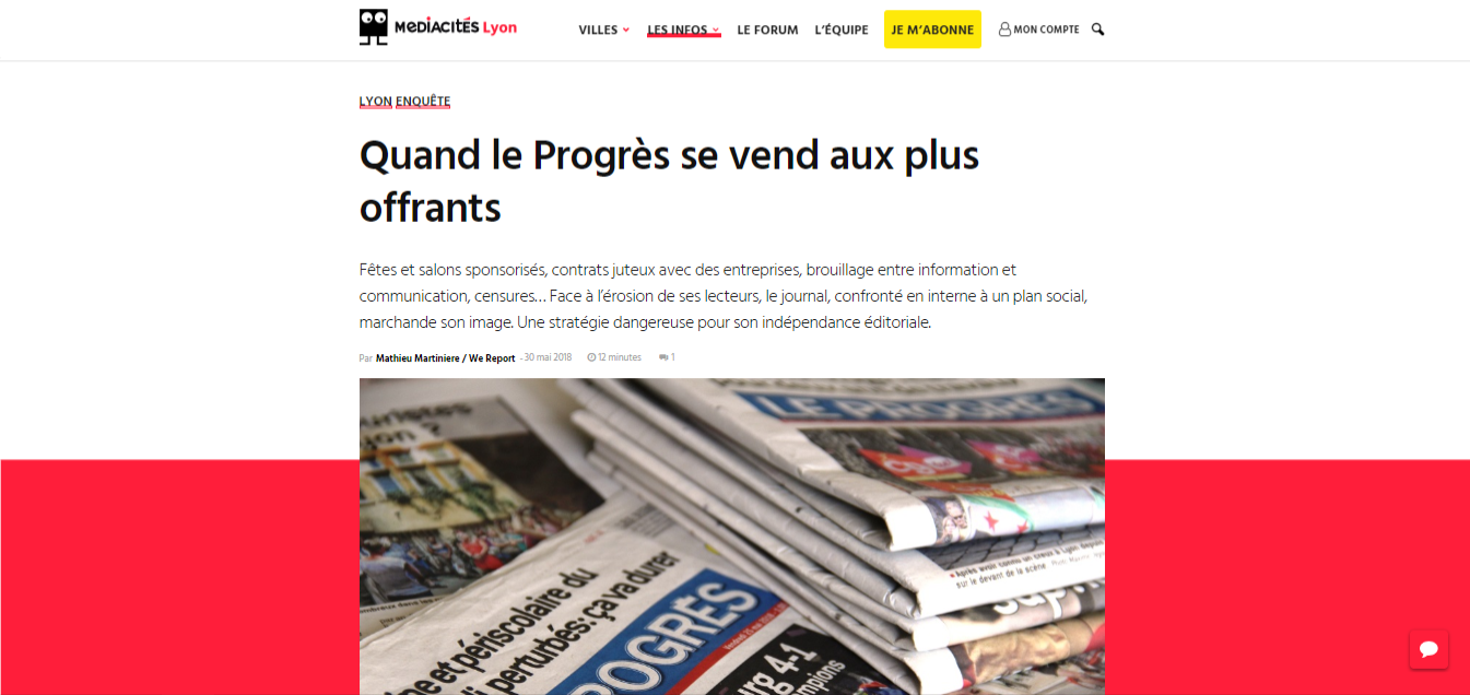 Capture d'écran de l'enquête publié par Mathieu Martiniere à propos des difficultés économiques que connait le Progrès et de leurs répercussions sur l'éditorial. Source : www.mediacites.fr