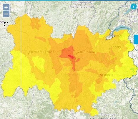Carte des prévision des concentrations en ozone en Auvergne-Rhône-Alpes pour ce samedi 30 juin. Capture d’écran ATMO Auvergne-Rhône-Alpes.