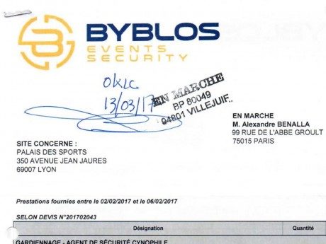 Capture d'écran du devis de la société de sécurité Byblos adressé à "EN MARCHE M. BENALLA".