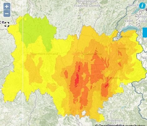 Prévision de pollution à l'ozone dans la région Auvergne-Rhône-Alpes pour le mardi 31 juillet. Capture d'écran Atmo Auvergne-Rhône-Alpes