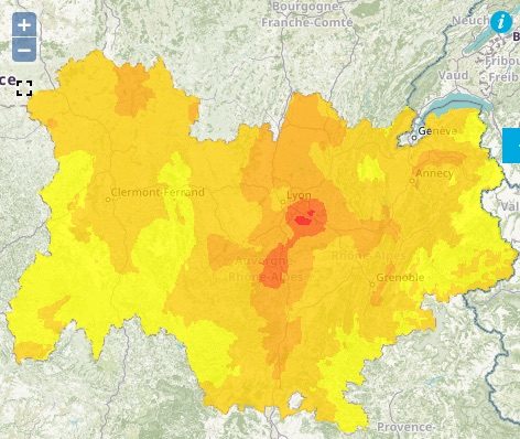Prévision de pollution à l'ozone pour le samedi 14 juillet 2018. Capture d'écran Atmo Auvergne-Rhône-Alpes