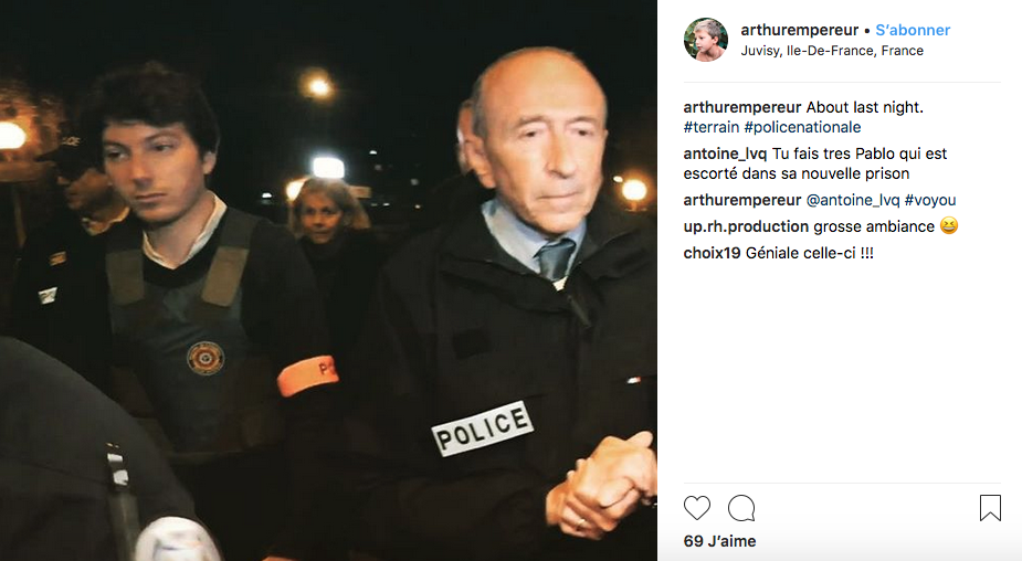 Arthur Empereur avec un brassard "police" sur son compte Instagram. 