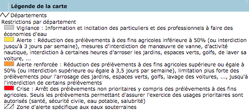 Légende de la carte de Propluvia, indiquant les différents degrés de restriction sur l'usage de l'eau en cas de sécheresse. © Propluvia/Ministère du développement durable