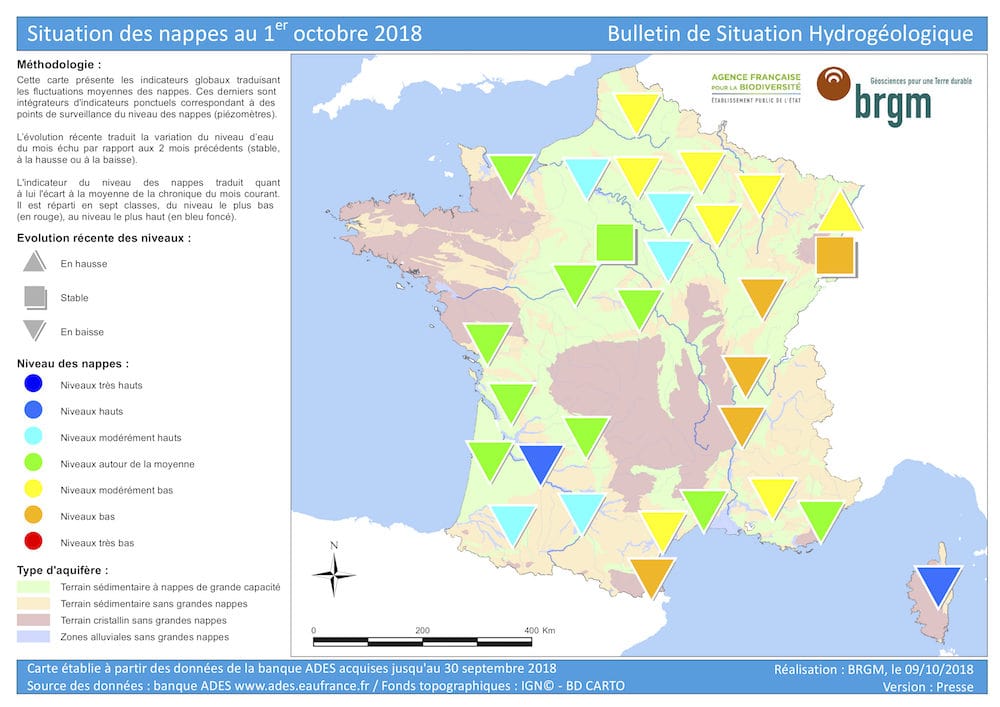 Carte du BRGM sur la situation des nappes phréatiques en France au 1er octobre 2018. © Source : banque ADES/Fonds topographiques : IGN© ‐ BD CARTO