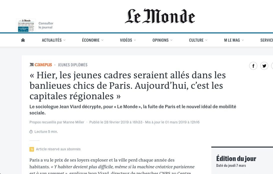 Interview de Jean Viard dans Le Monde