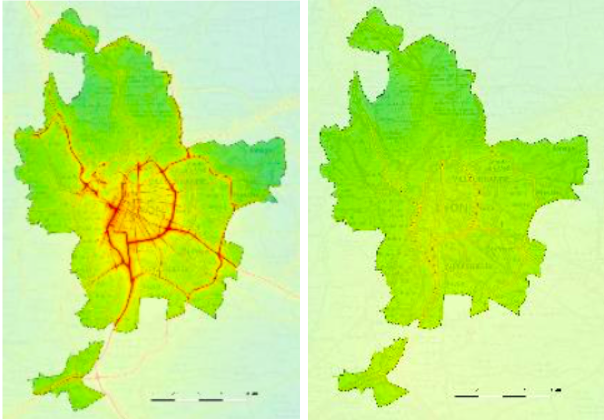 La concentration de dioxyde d'azote (à gauche) et de particules fines (à droite) dans l'agglomération lyonnaise. Capture d'écran d'un visuel tiré du bilan 2018 sur la qualité de l'air réalisé par ATMO Auvergne-Rhône-Alpes.