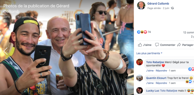 « Coucou c’est nous ». Chemise blanche et jeunesse fêtarde pour Gérard Collomb à Nuits Sonores. Un exemple parmi des dizaines d’autres. Capture d’écran de son Facebook.