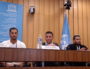 Trois jeunes Vaudais du collectif PoliCité, à la tribune de l’Unesco le 16 mai. De gauche à droite : Ilyas Chaabi, Naïm Naïli et Abdallah Slimani. ©LB/Rue89Lyon