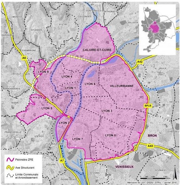 Zone à faibles émissions. Carte du Grand Lyon