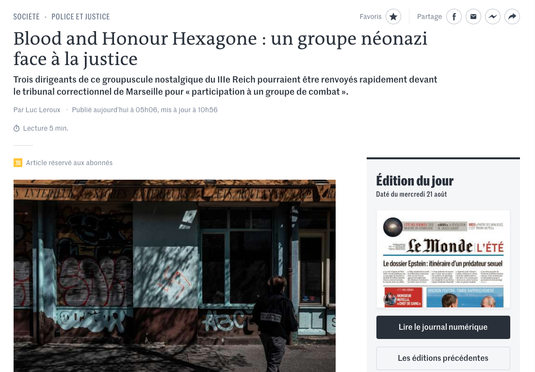 Des membres du groupuscule néonazi Blood and Honour devant la justice ?