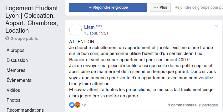 Sur Facebook, Liam prévient les autres étudiants de l’existence d’une arnaque.