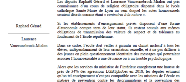 Deux députés condamnent les « cours homophobes dispensés dans un établissement catholique lyonnais »