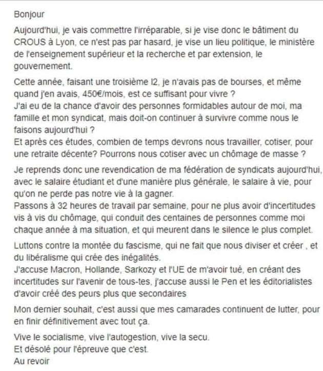 Le post publié par A. sur son compte Facebook juste avant son immolation. Capture d'écran.