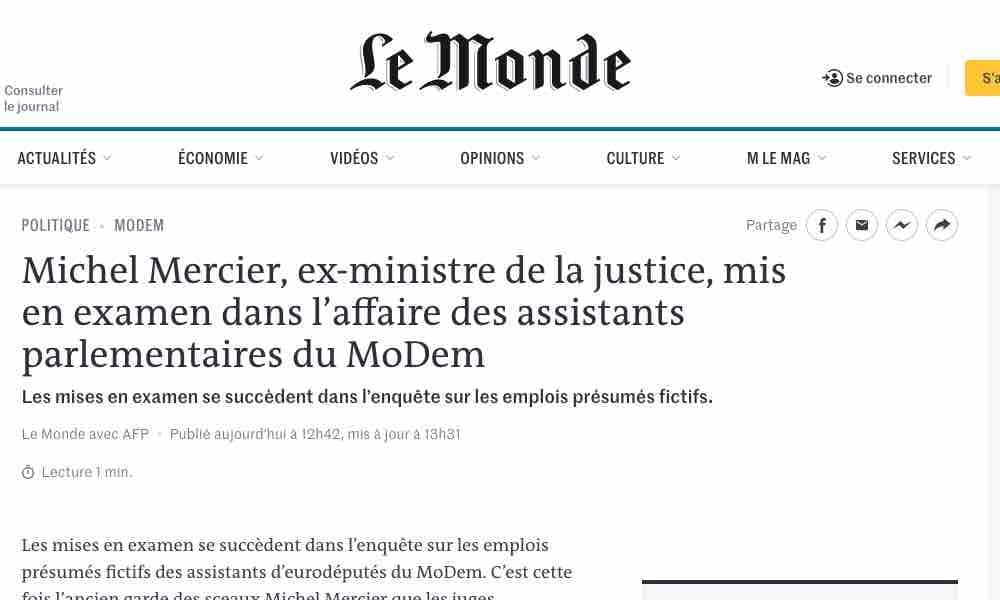 Michel Mercier mis en examen sur le site du journal Le Monde
