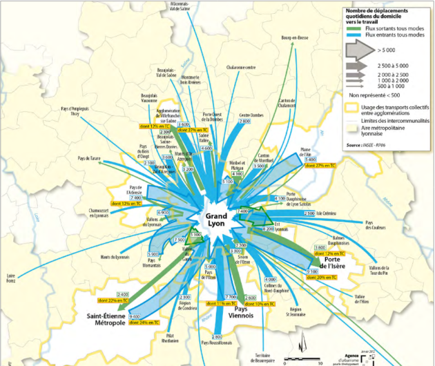 Les déplacements domicile/travail à Lyon en 2012. Source : Observatoire des déplacements de l’agglomération lyonnaise