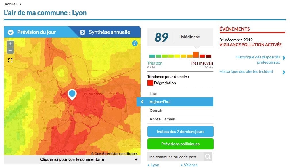 Indice de l'air à Lyon le 31 décembre 2019