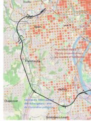 Tracé de l’anneau des sciences et densités de population dans l’ouest Lyonnais : aucun échangeur n’est bien situé pour une offre de transports en commun