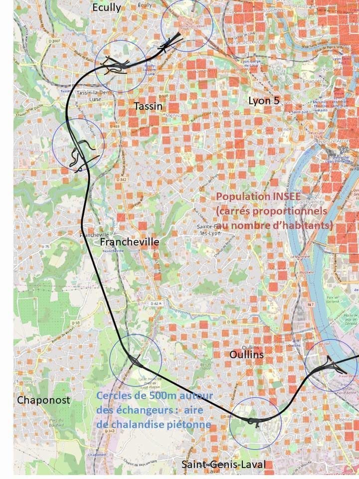 Tracé de l’anneau des sciences et densités de population dans l’ouest Lyonnais : aucun échangeur n’est bien situé pour une offre de  transports en commun