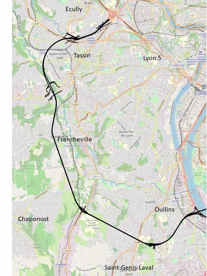 Le tracé de l’Anneau des sciences, le projet de bouclage du périphérique lyonnais 