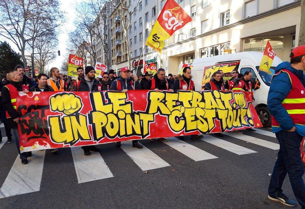 Le cortège des cheminots CGT lors de la manifestation du 9 janvier. ©LB/Rue89Lyon