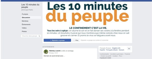 Capture d'écran du groupe Facebook Les 10 minutes du peuple pour lutter contre l'isolation lié au confinement