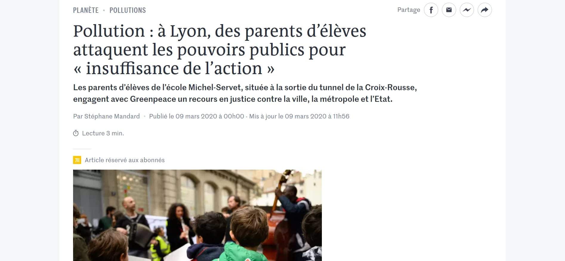 Capture d'écran d'un article du Monde sur la pollution de l'air dans une école à Lyon