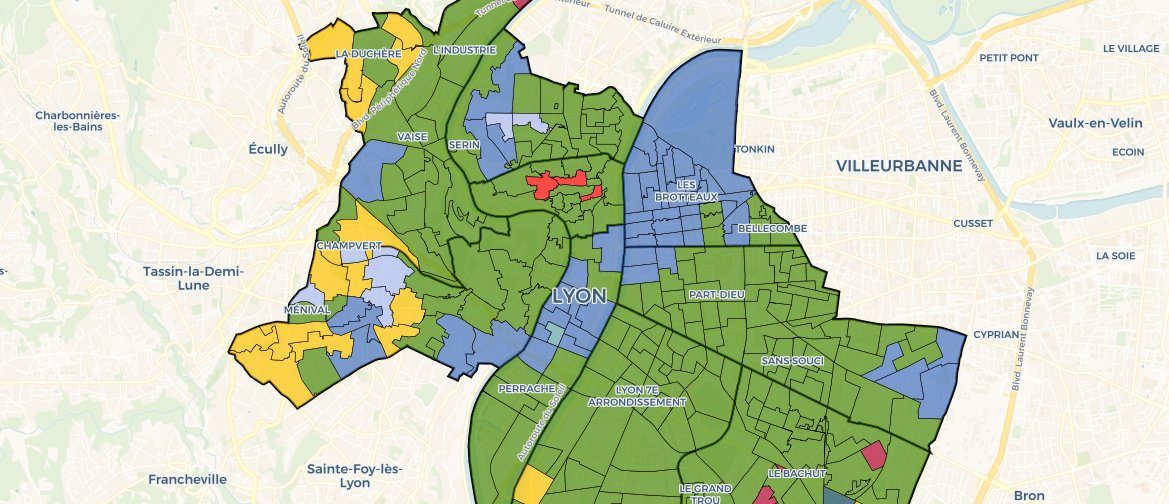 Carte des résultats du premier tour des municipales 2020 à Lyon