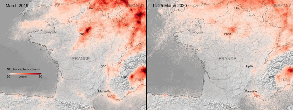 Ces images utilisent des données du satellite Copernicus Sentinel-5P pour montrer les concentrations moyennes de dioxyde d'azote du 14 au 25 mars 2020, comparées à la moyenne mensuelle des concentrations de 2019. ©données de Copernicus Sentinel (2019-20), traitées par KNMI/ESA