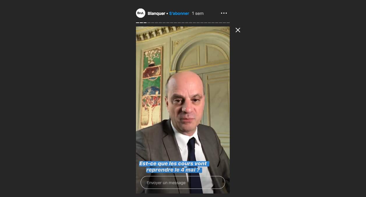 Jean-Michel Blanquer dans une story sur le compte Instagram de Brut