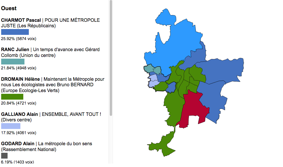 Carte des résultats aux élections métropolitaines à la Métropole de Lyon