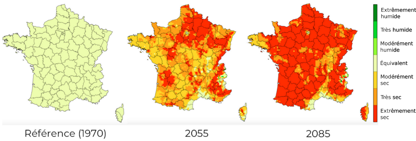 Figure 3 : Projections régionalisées de l’indice d’humidité relative des sols, en moyenne printanière, par rapport à 1970. Le scénario considéré correspond à une trajectoire d’émissions de gaz à effet de serre intermédiaire, provoquant un réchauffement d’environ 3°C d’ici 2100 (équivalent au scénario RCP 6.0 du GIEC). Source : Drias-climat.