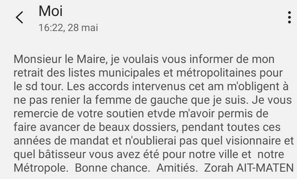 Zohra Aït-Maten écrit par sms à Gérard Collomb. ©Rue89Lyon