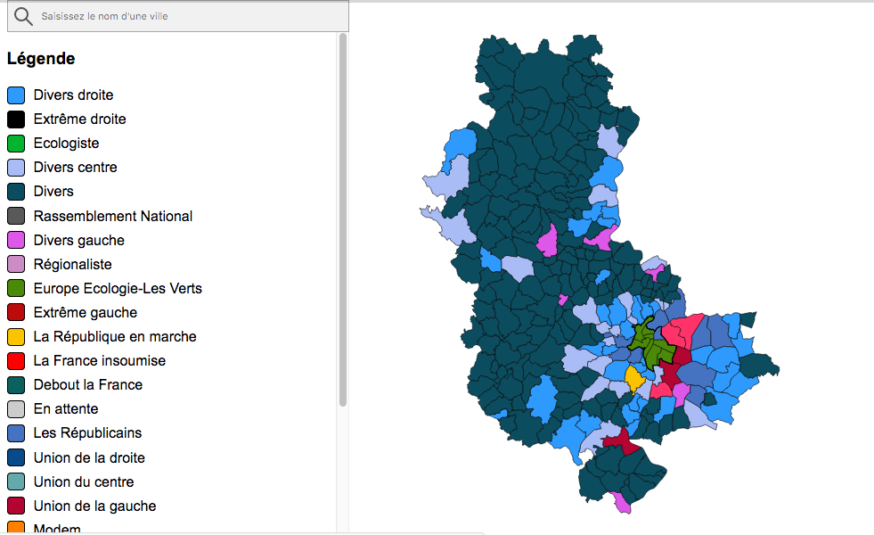 Carte des résultats des élections municipales dans le Rhône